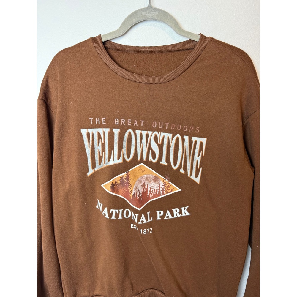 Yellowstone National Park Graphic Sweatshirt Brown Crewneck Nature Pullover M - Picture 3 of 4
